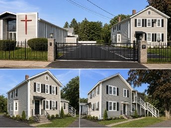 Renderings of the church and its houses after renovation, with a new gated driveway